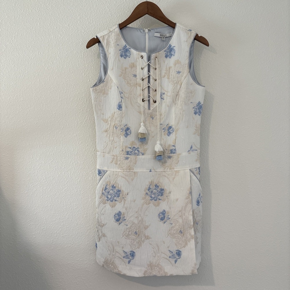 Badgley Mischka Dress Jacquard Sleeveless Mini Dress Lace Up White Blue Floral 6